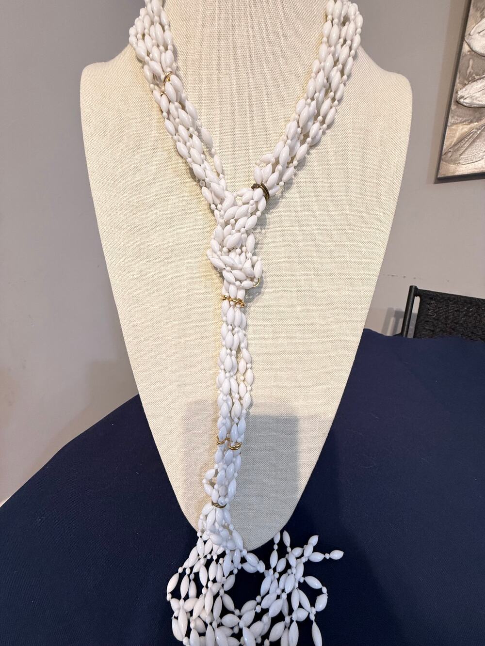 Vintage White Multi Strand Lariat Bead Necklace 26-50”
